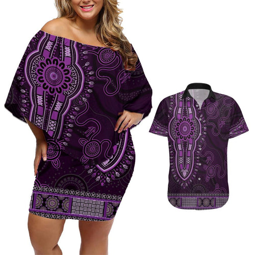Purple African Dashiki With Australia Aboriginal Art Couples Matching Off Shoulder Short Dress and Hawaiian Shirt