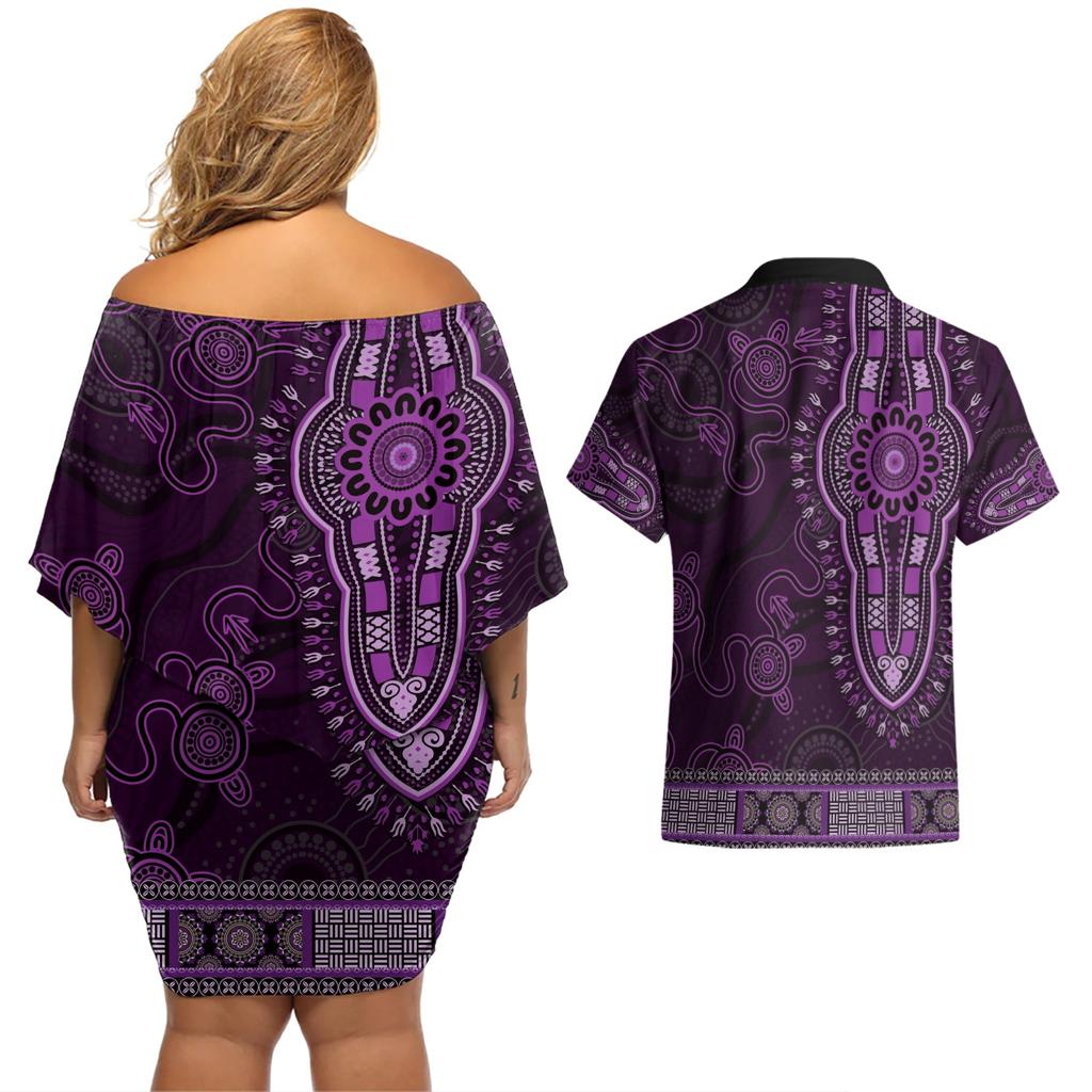 Purple African Dashiki With Australia Aboriginal Art Couples Matching Off Shoulder Short Dress and Hawaiian Shirt