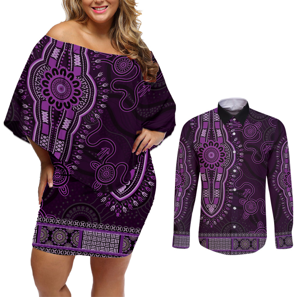 Purple African Dashiki With Australia Aboriginal Art Couples Matching Off Shoulder Short Dress and Long Sleeve Button Shirt