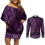 Purple African Dashiki With Australia Aboriginal Art Couples Matching Off Shoulder Short Dress and Long Sleeve Button Shirt