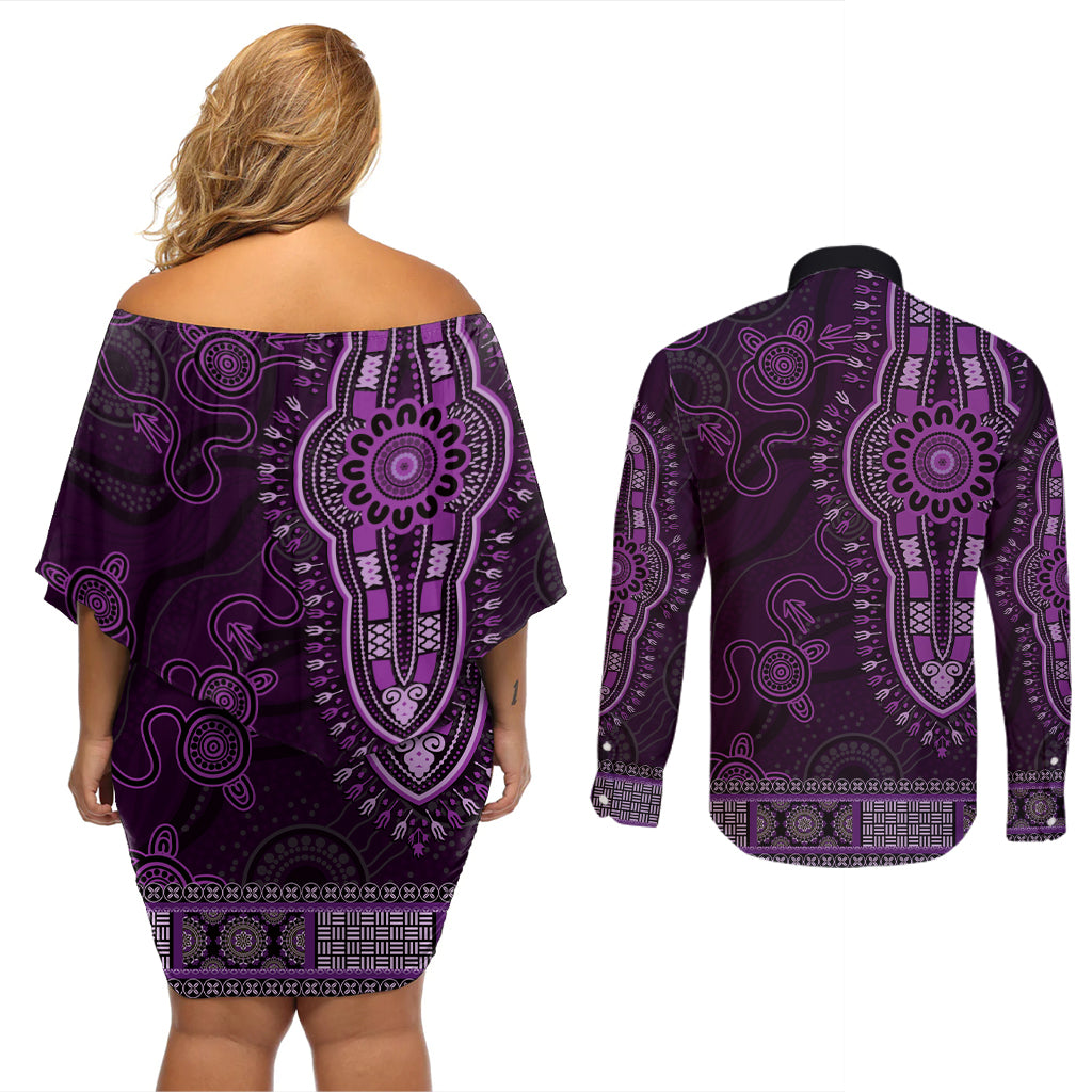 Purple African Dashiki With Australia Aboriginal Art Couples Matching Off Shoulder Short Dress and Long Sleeve Button Shirt