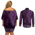 Purple African Dashiki With Australia Aboriginal Art Couples Matching Off Shoulder Short Dress and Long Sleeve Button Shirt
