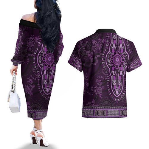 Purple African Dashiki With Australia Aboriginal Art Couples Matching Off The Shoulder Long Sleeve Dress and Hawaiian Shirt