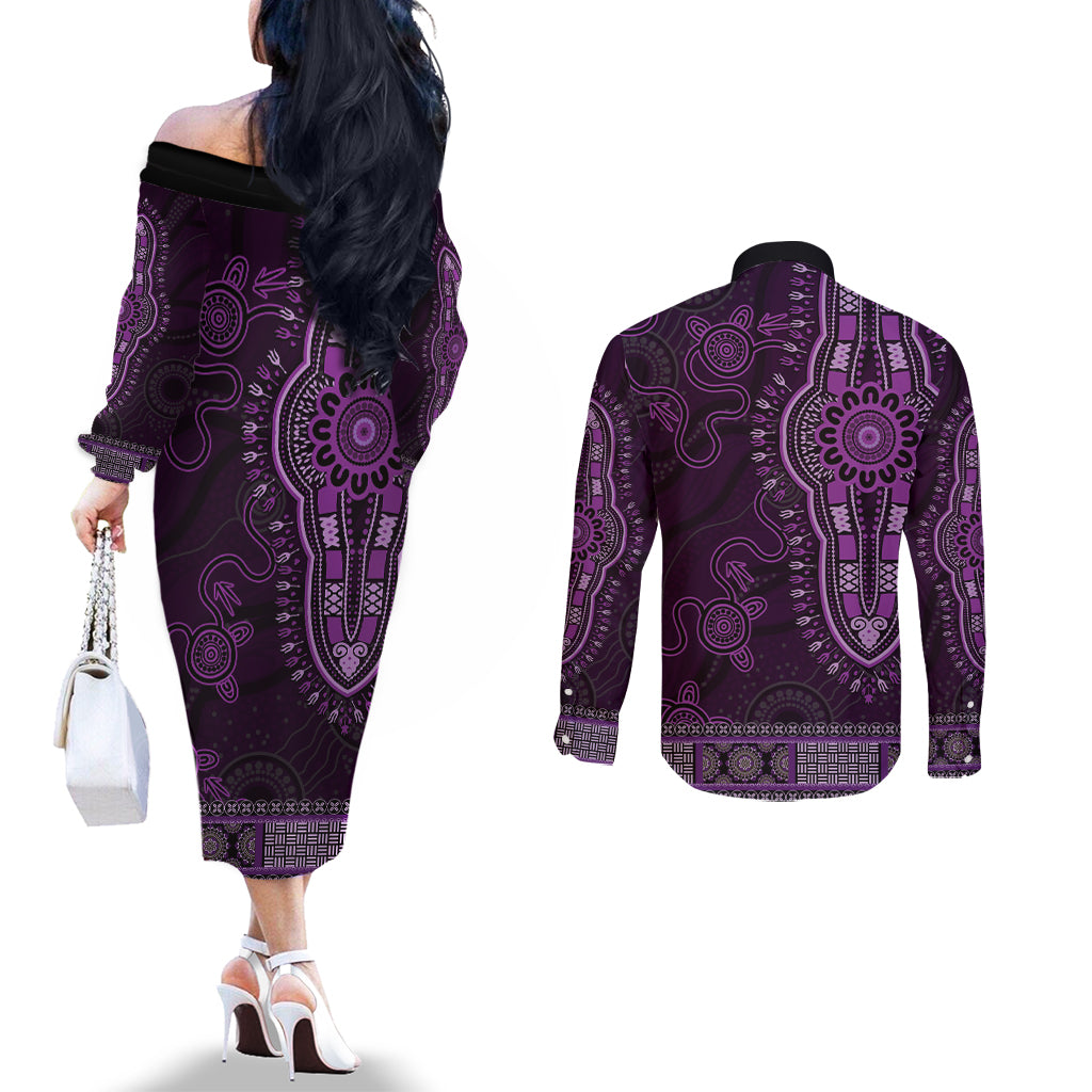Purple African Dashiki With Australia Aboriginal Art Couples Matching Off The Shoulder Long Sleeve Dress and Long Sleeve Button Shirt