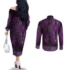 Purple African Dashiki With Australia Aboriginal Art Couples Matching Off The Shoulder Long Sleeve Dress and Long Sleeve Button Shirt