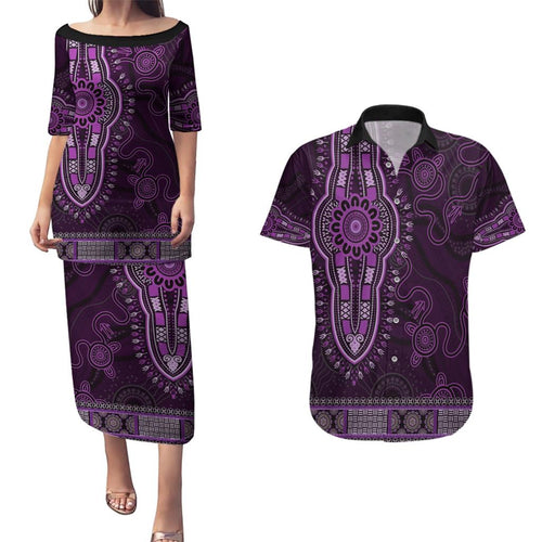 Purple African Dashiki With Australia Aboriginal Art Couples Matching Puletasi and Hawaiian Shirt