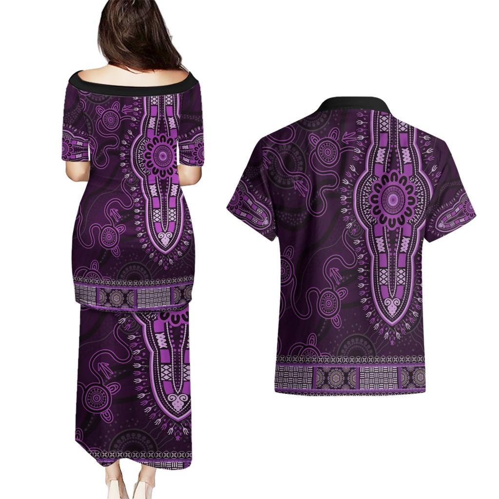 Purple African Dashiki With Australia Aboriginal Art Couples Matching Puletasi and Hawaiian Shirt