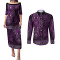 Purple African Dashiki With Australia Aboriginal Art Couples Matching Puletasi and Long Sleeve Button Shirt