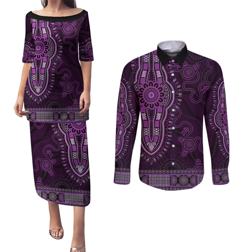 Purple African Dashiki With Australia Aboriginal Art Couples Matching Puletasi and Long Sleeve Button Shirt