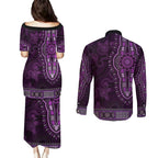 Purple African Dashiki With Australia Aboriginal Art Couples Matching Puletasi and Long Sleeve Button Shirt
