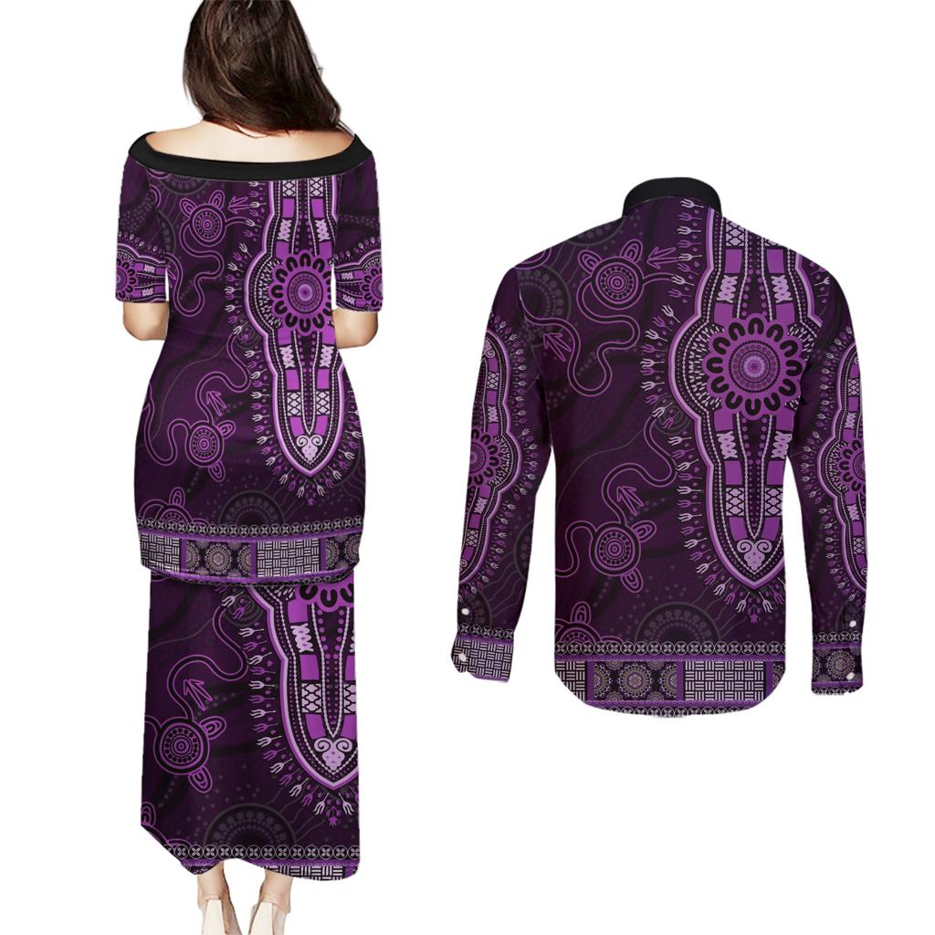 Purple African Dashiki With Australia Aboriginal Art Couples Matching Puletasi and Long Sleeve Button Shirt