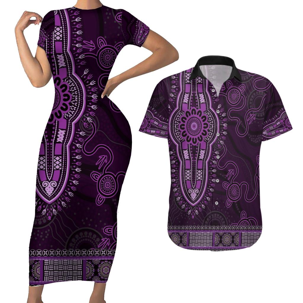 Purple African Dashiki With Australia Aboriginal Art Couples Matching Short Sleeve Bodycon Dress and Hawaiian Shirt