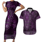 Purple African Dashiki With Australia Aboriginal Art Couples Matching Short Sleeve Bodycon Dress and Hawaiian Shirt