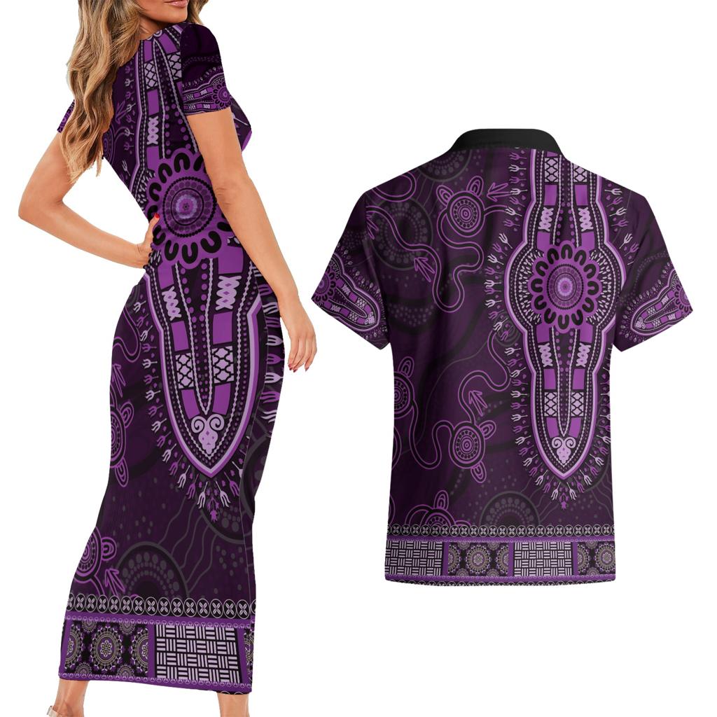 Purple African Dashiki With Australia Aboriginal Art Couples Matching Short Sleeve Bodycon Dress and Hawaiian Shirt