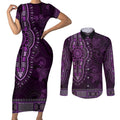Purple African Dashiki With Australia Aboriginal Art Couples Matching Short Sleeve Bodycon Dress and Long Sleeve Button Shirt