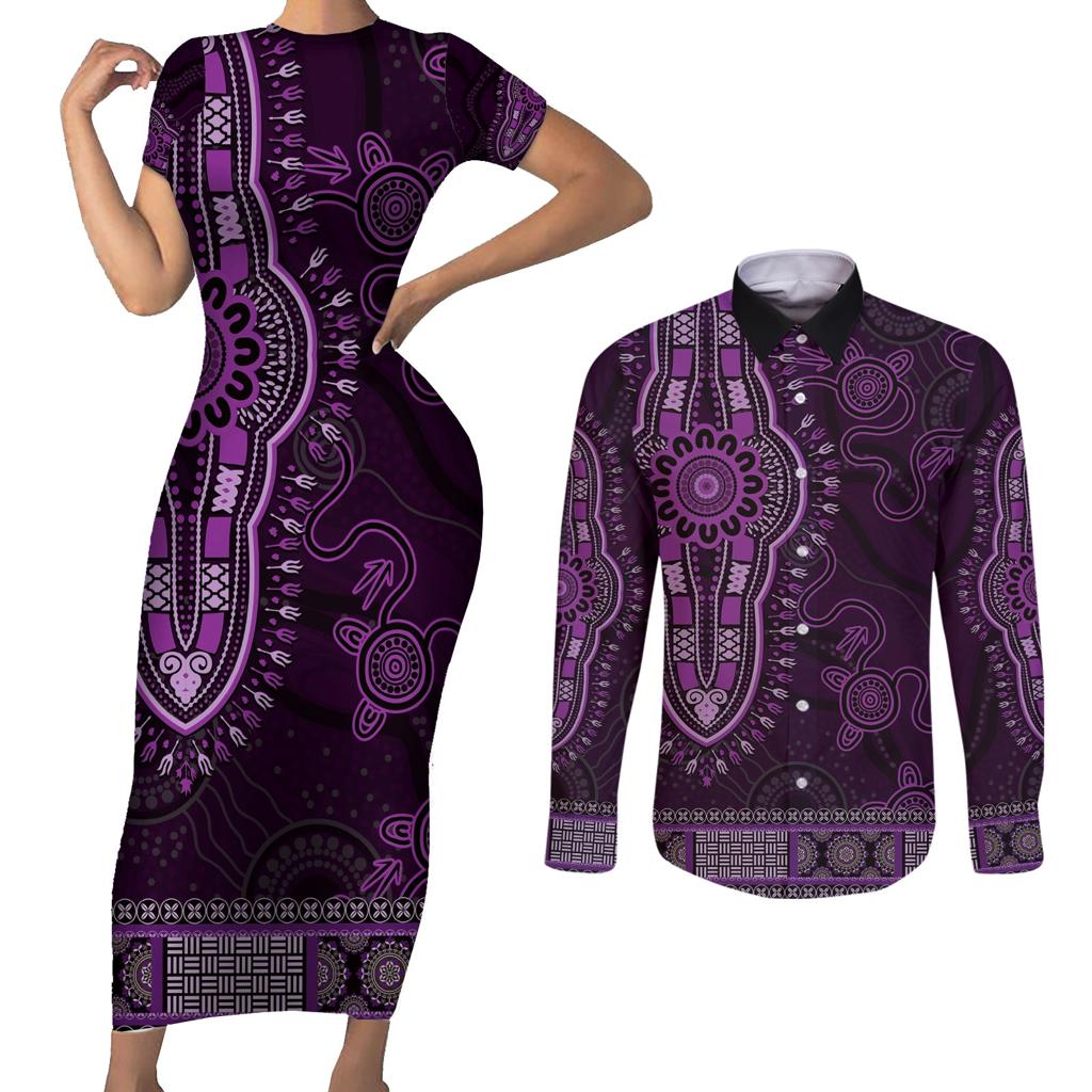 Purple African Dashiki With Australia Aboriginal Art Couples Matching Short Sleeve Bodycon Dress and Long Sleeve Button Shirt