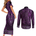 Purple African Dashiki With Australia Aboriginal Art Couples Matching Short Sleeve Bodycon Dress and Long Sleeve Button Shirt