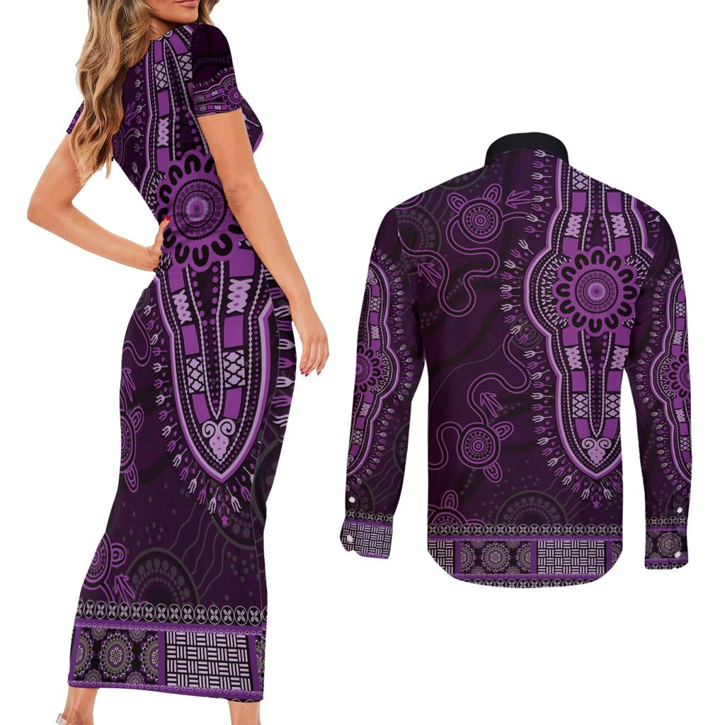 Purple African Dashiki With Australia Aboriginal Art Couples Matching Short Sleeve Bodycon Dress and Long Sleeve Button Shirt