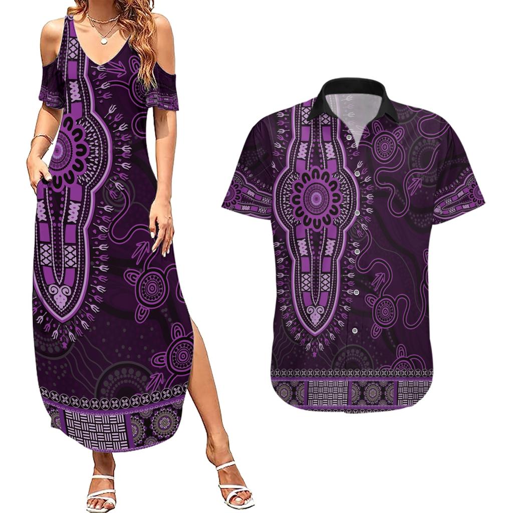 Purple African Dashiki With Australia Aboriginal Art Couples Matching Summer Maxi Dress and Hawaiian Shirt