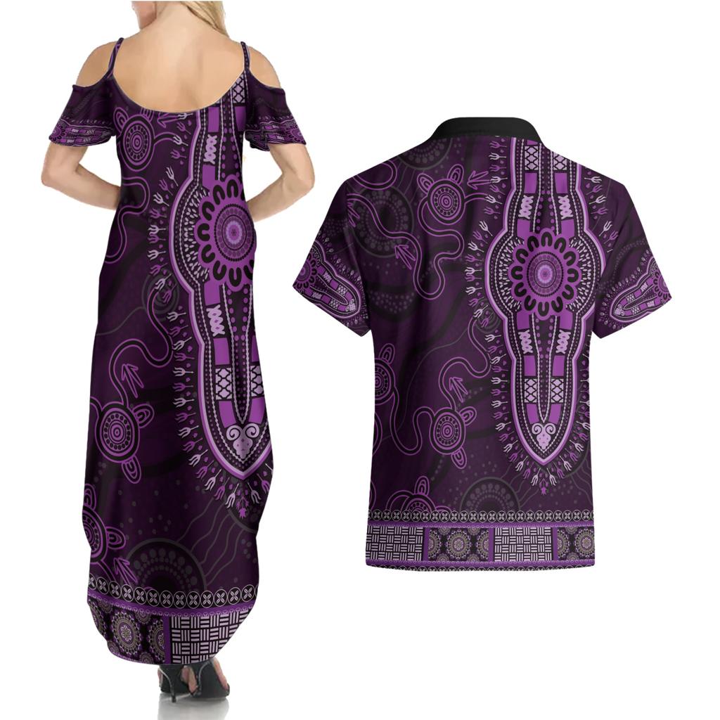Purple African Dashiki With Australia Aboriginal Art Couples Matching Summer Maxi Dress and Hawaiian Shirt