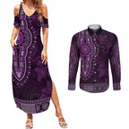 Purple African Dashiki With Australia Aboriginal Art Couples Matching Summer Maxi Dress and Long Sleeve Button Shirt