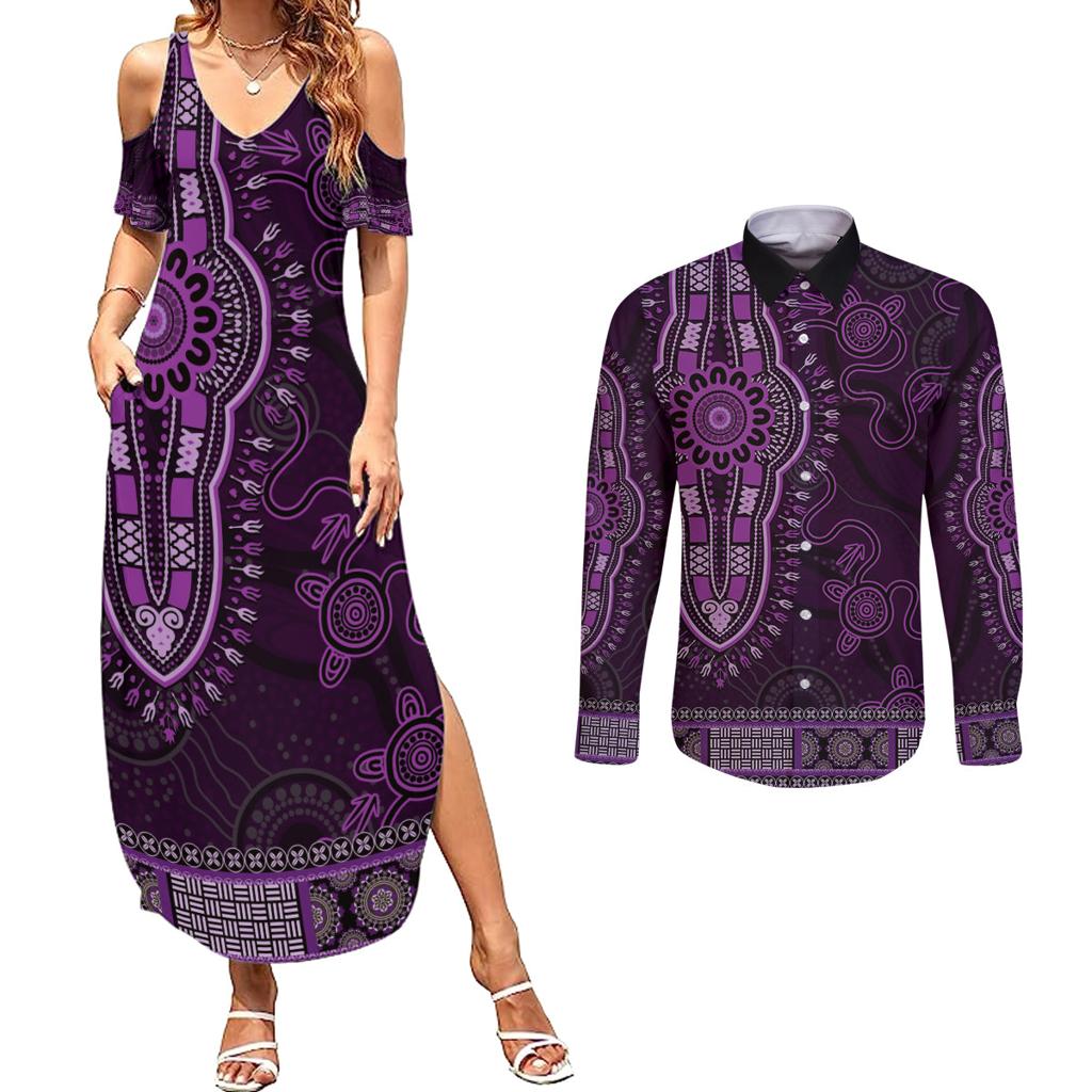 Purple African Dashiki With Australia Aboriginal Art Couples Matching Summer Maxi Dress and Long Sleeve Button Shirt