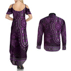 Purple African Dashiki With Australia Aboriginal Art Couples Matching Summer Maxi Dress and Long Sleeve Button Shirt