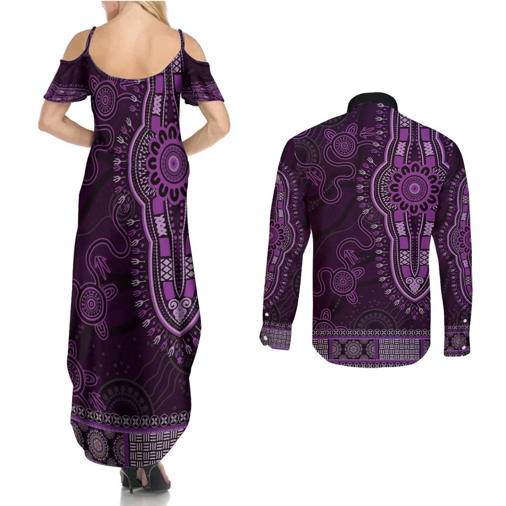 Purple African Dashiki With Australia Aboriginal Art Couples Matching Summer Maxi Dress and Long Sleeve Button Shirt