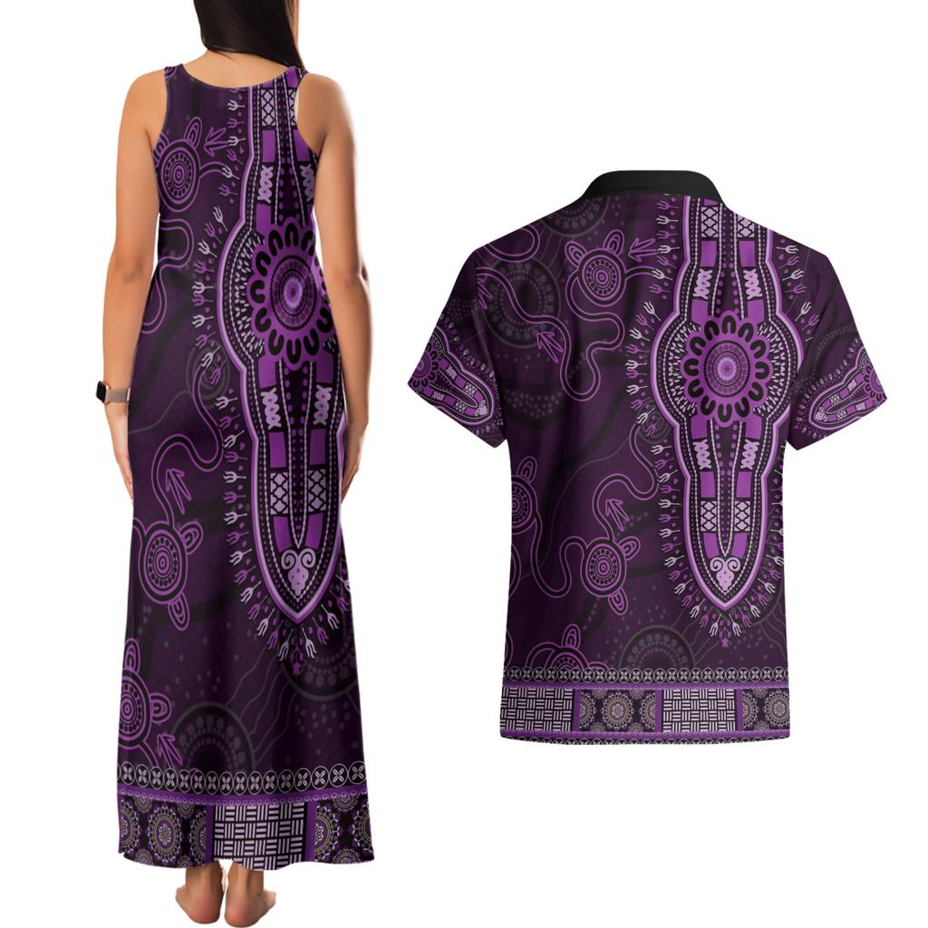 Purple African Dashiki With Australia Aboriginal Art Couples Matching Tank Maxi Dress and Hawaiian Shirt