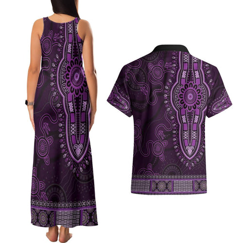 Purple African Dashiki With Australia Aboriginal Art Couples Matching Tank Maxi Dress and Hawaiian Shirt