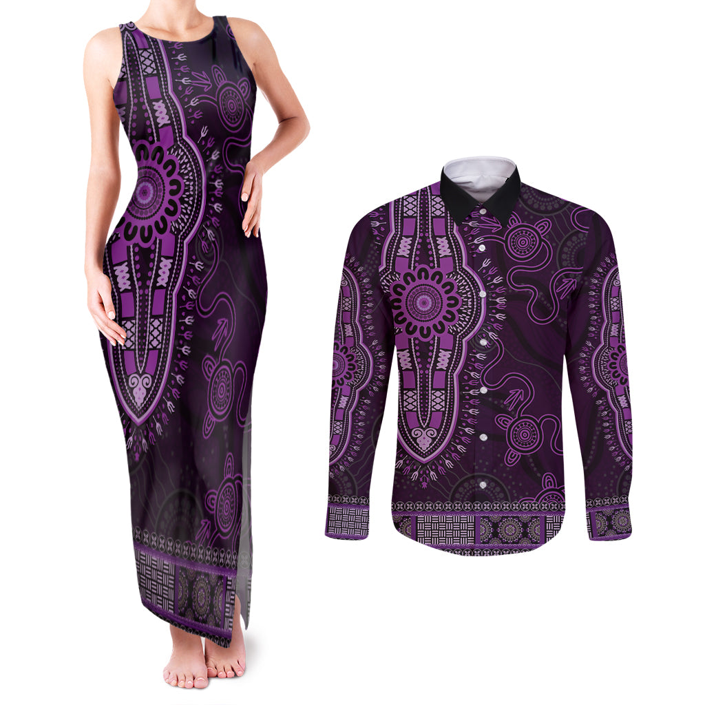 Purple African Dashiki With Australia Aboriginal Art Couples Matching Tank Maxi Dress and Long Sleeve Button Shirt