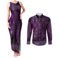 Purple African Dashiki With Australia Aboriginal Art Couples Matching Tank Maxi Dress and Long Sleeve Button Shirt
