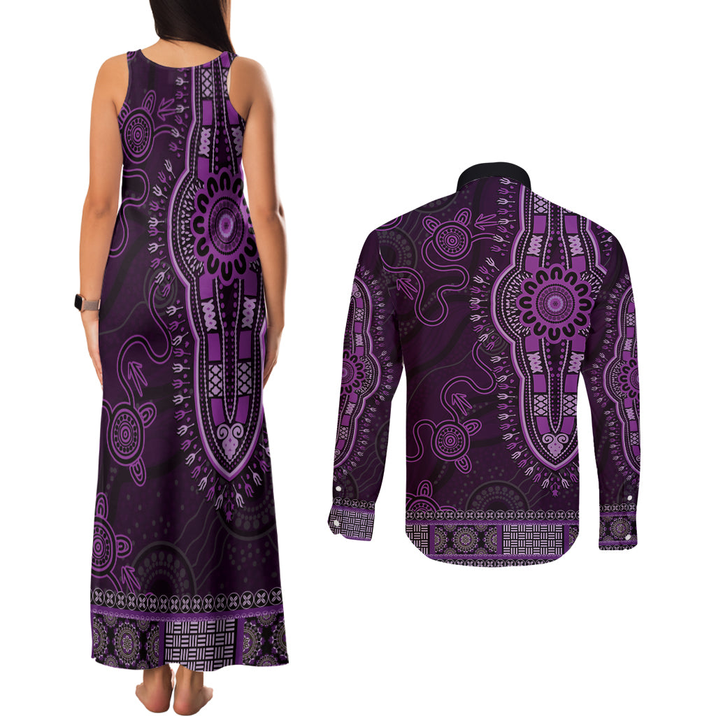 Purple African Dashiki With Australia Aboriginal Art Couples Matching Tank Maxi Dress and Long Sleeve Button Shirt