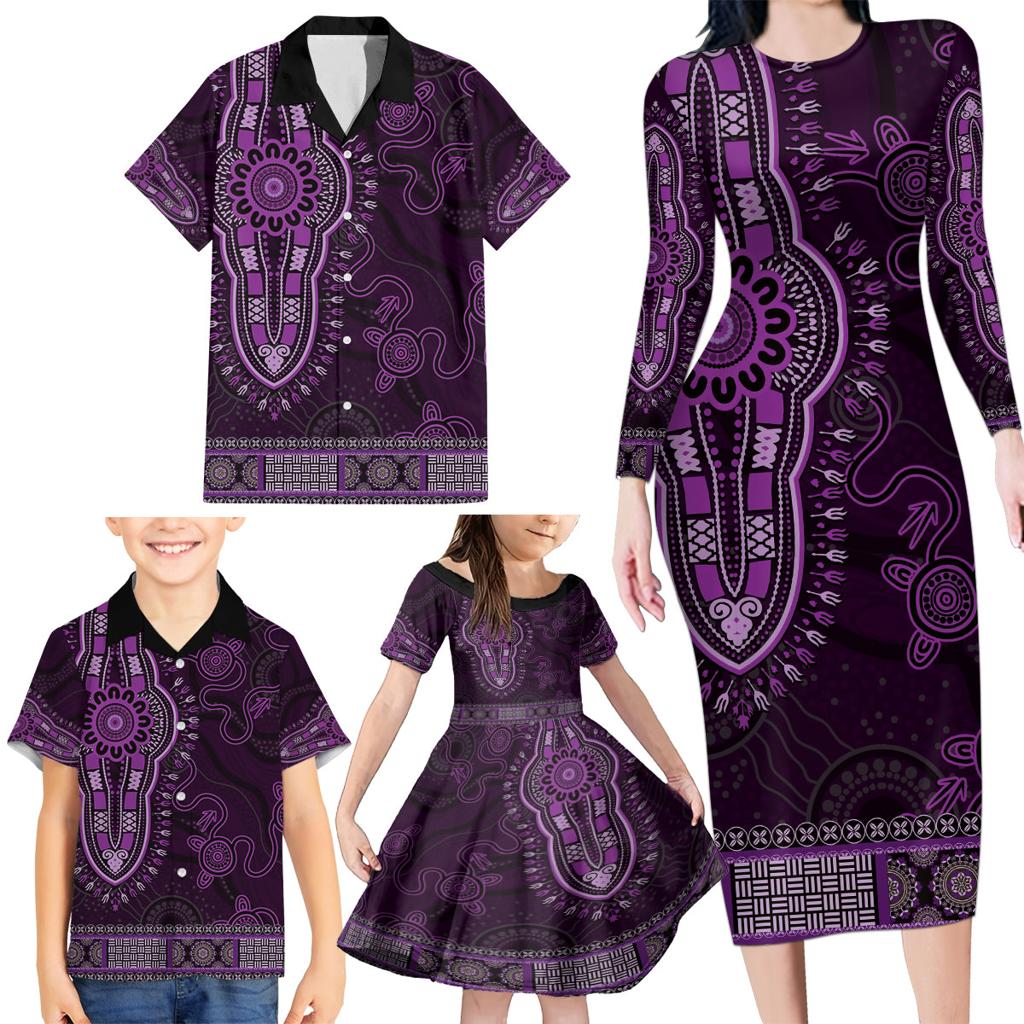 Purple African Dashiki With Australia Aboriginal Art Family Matching Long Sleeve Bodycon Dress and Hawaiian Shirt