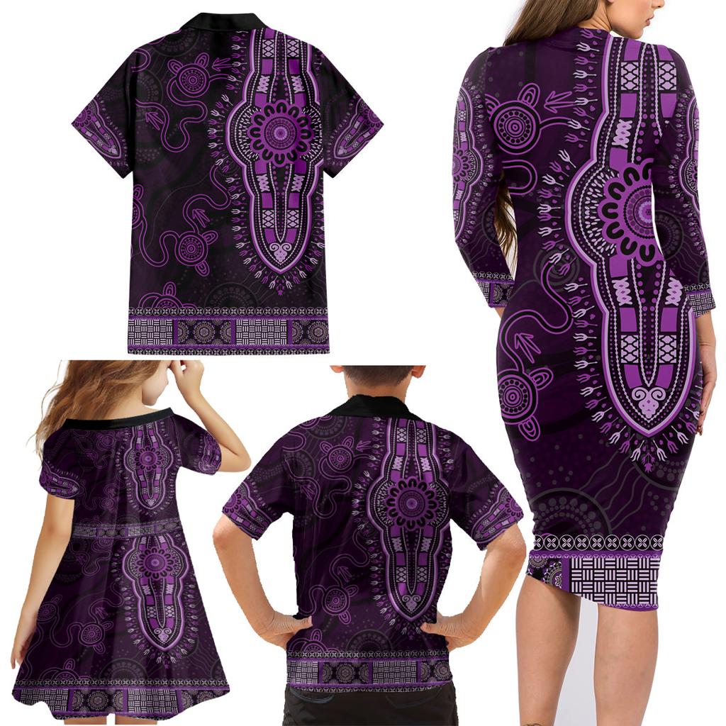 Purple African Dashiki With Australia Aboriginal Art Family Matching Long Sleeve Bodycon Dress and Hawaiian Shirt