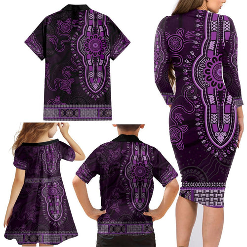 Purple African Dashiki With Australia Aboriginal Art Family Matching Long Sleeve Bodycon Dress and Hawaiian Shirt