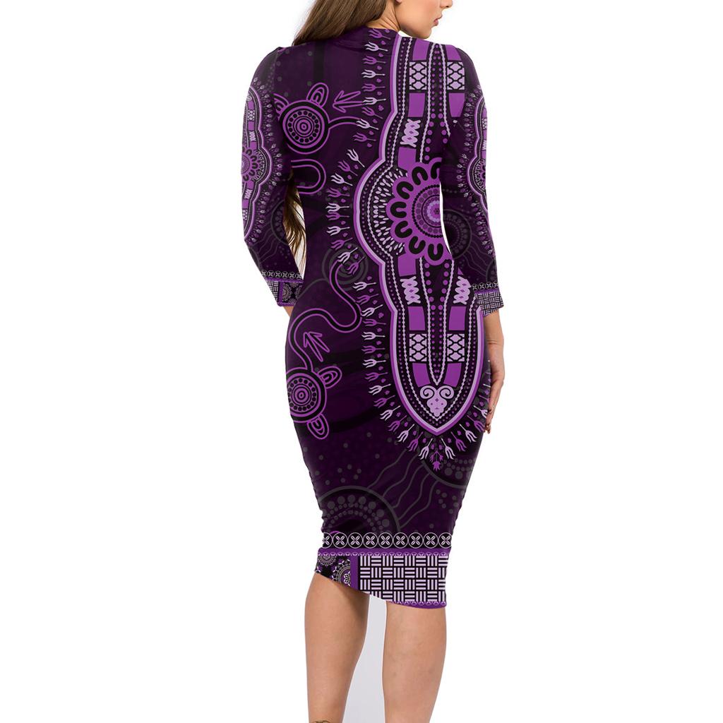 Purple African Dashiki With Australia Aboriginal Art Family Matching Long Sleeve Bodycon Dress and Hawaiian Shirt