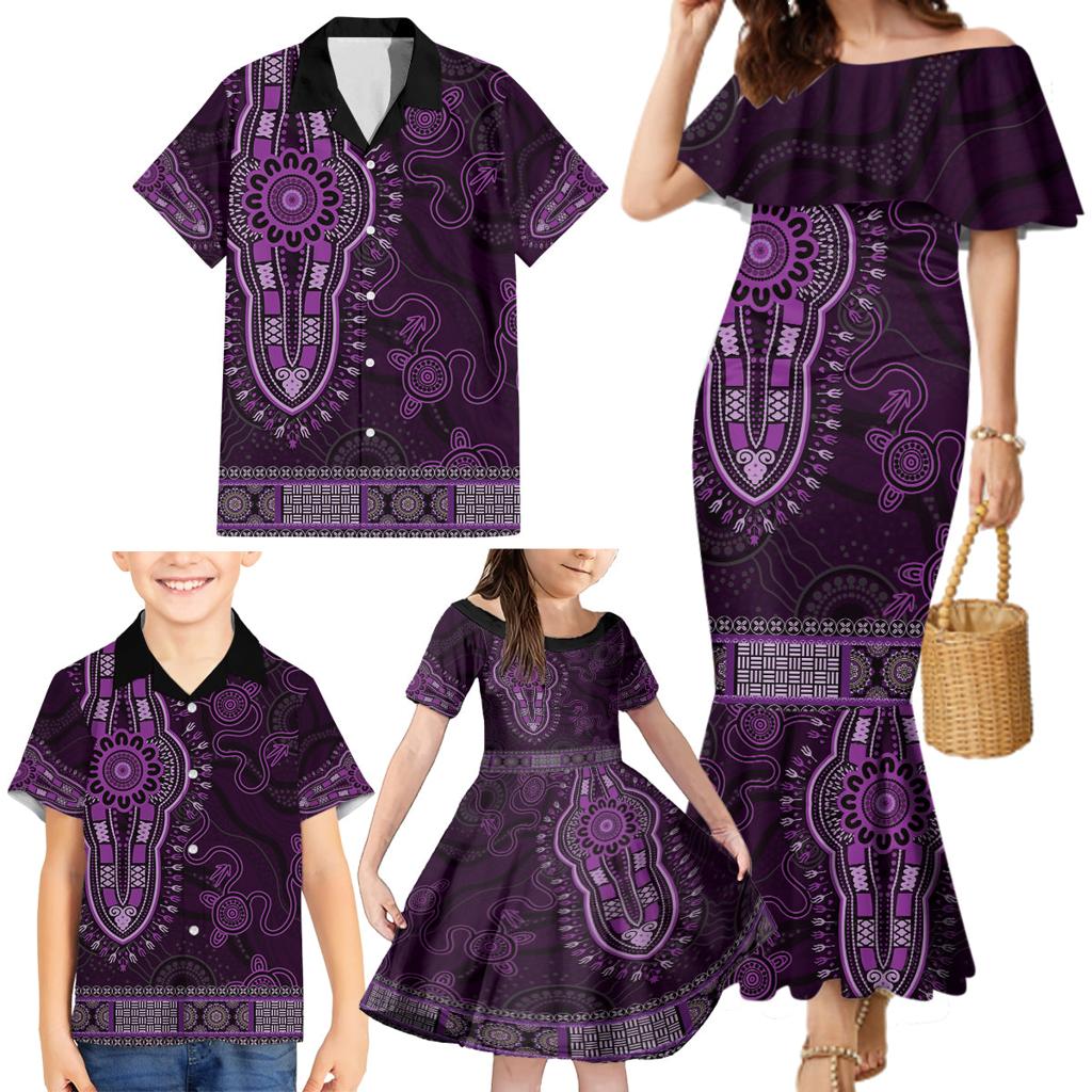 Purple African Dashiki With Australia Aboriginal Art Family Matching Mermaid Dress and Hawaiian Shirt