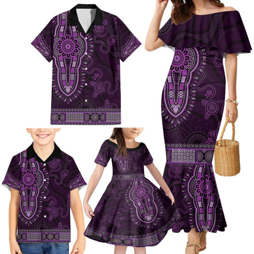 Purple African Dashiki With Australia Aboriginal Art Family Matching Mermaid Dress and Hawaiian Shirt