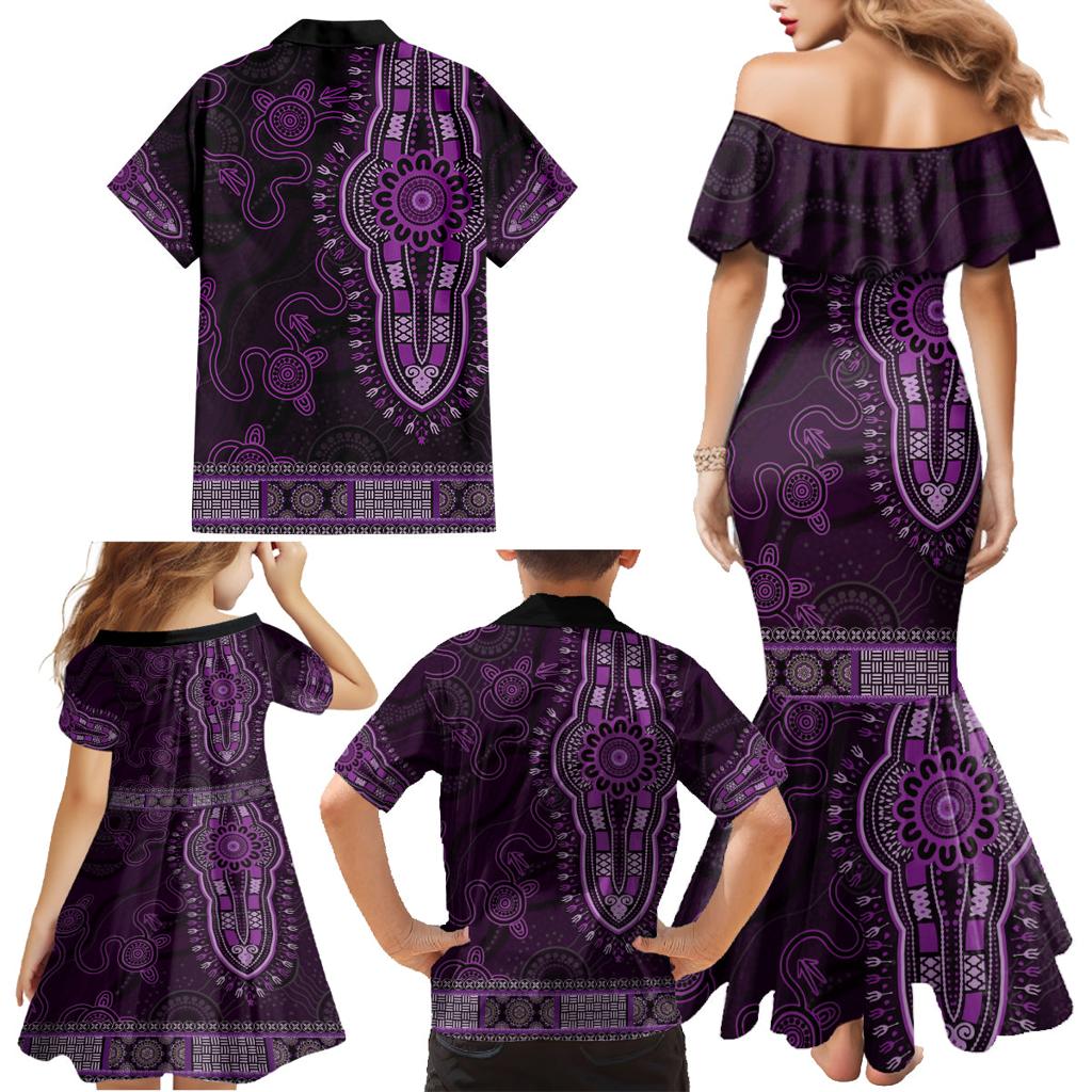 Purple African Dashiki With Australia Aboriginal Art Family Matching Mermaid Dress and Hawaiian Shirt