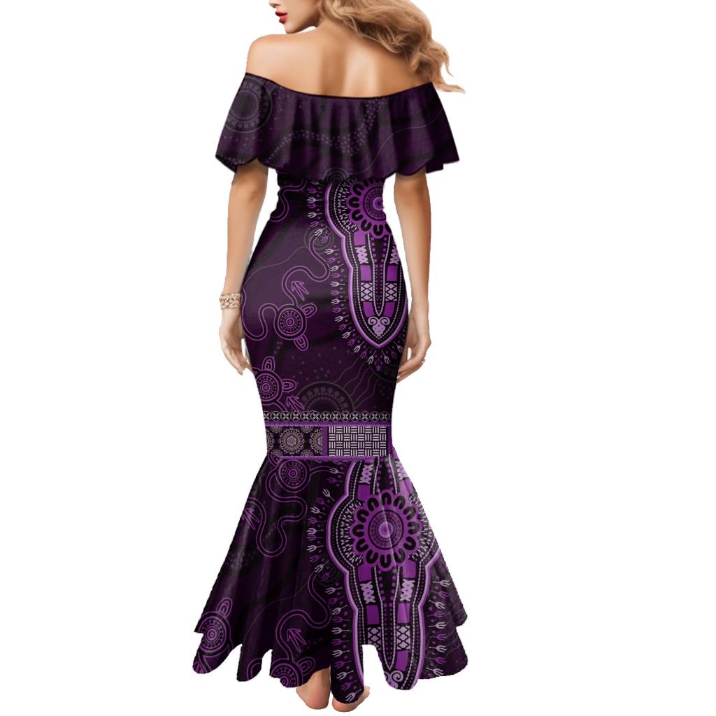 Purple African Dashiki With Australia Aboriginal Art Family Matching Mermaid Dress and Hawaiian Shirt