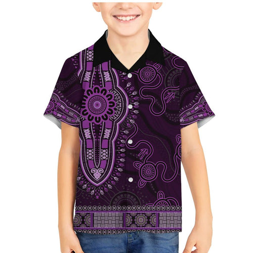 Purple African Dashiki With Australia Aboriginal Art Family Matching Mermaid Dress and Hawaiian Shirt