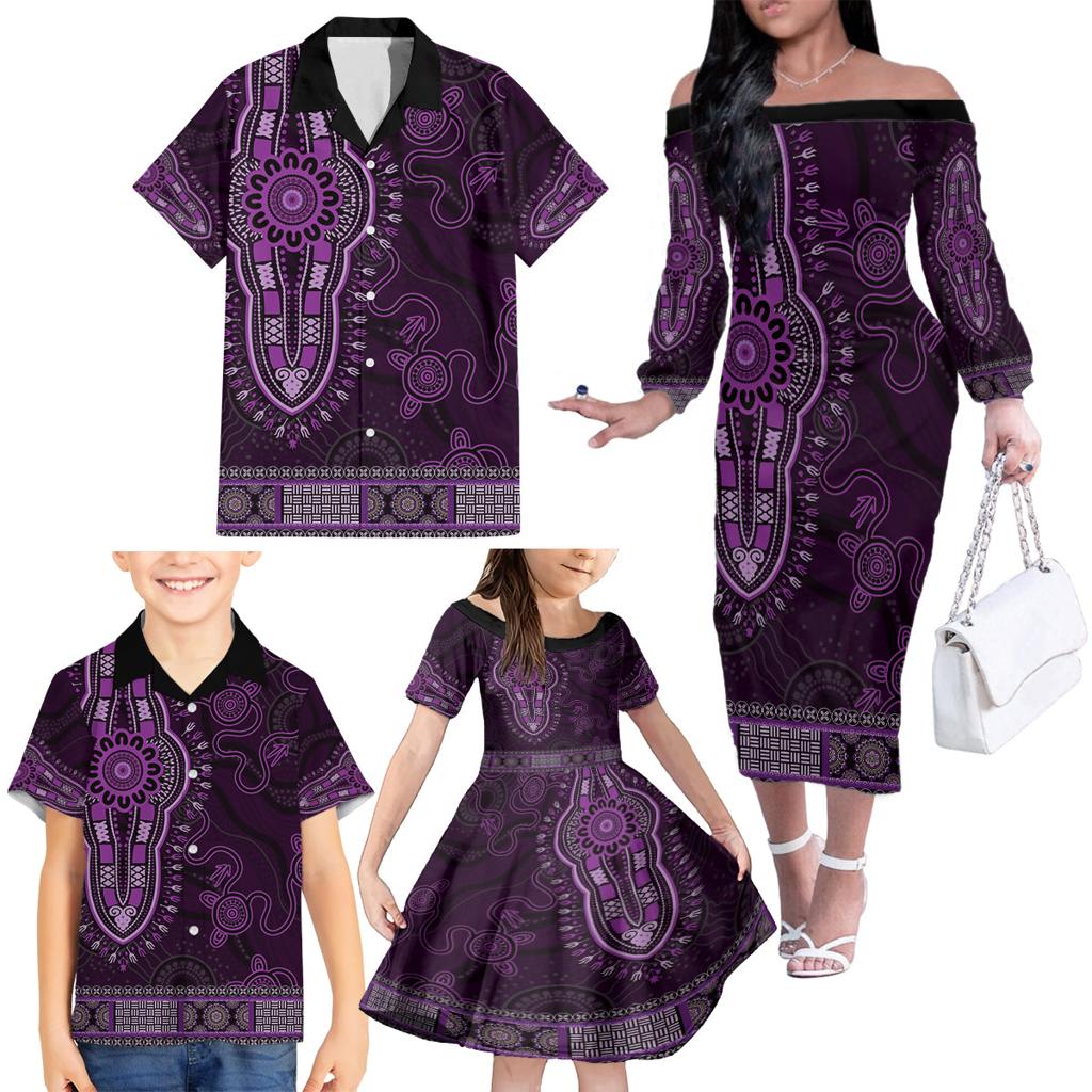 Purple African Dashiki With Australia Aboriginal Art Family Matching Off The Shoulder Long Sleeve Dress and Hawaiian Shirt