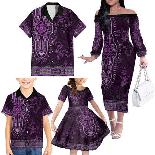 Purple African Dashiki With Australia Aboriginal Art Family Matching Off The Shoulder Long Sleeve Dress and Hawaiian Shirt