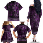 Purple African Dashiki With Australia Aboriginal Art Family Matching Off The Shoulder Long Sleeve Dress and Hawaiian Shirt