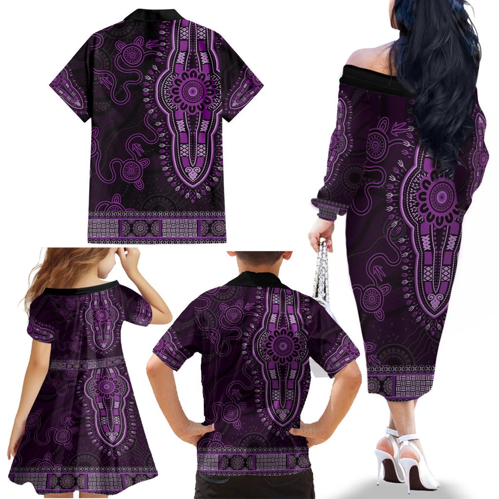 Purple African Dashiki With Australia Aboriginal Art Family Matching Off The Shoulder Long Sleeve Dress and Hawaiian Shirt