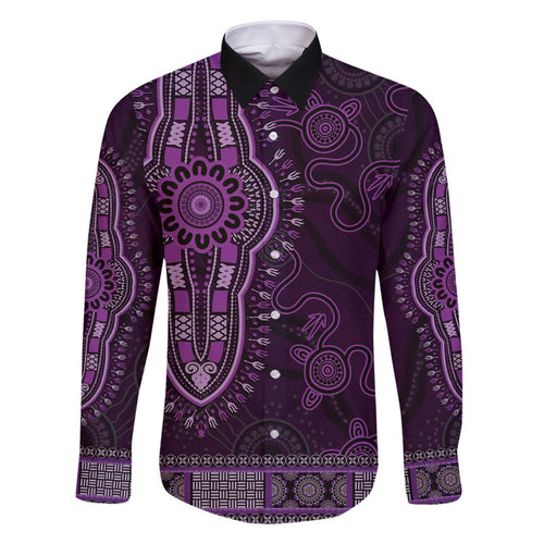 Purple African Dashiki With Australia Aboriginal Art Family Matching Off The Shoulder Long Sleeve Dress and Hawaiian Shirt