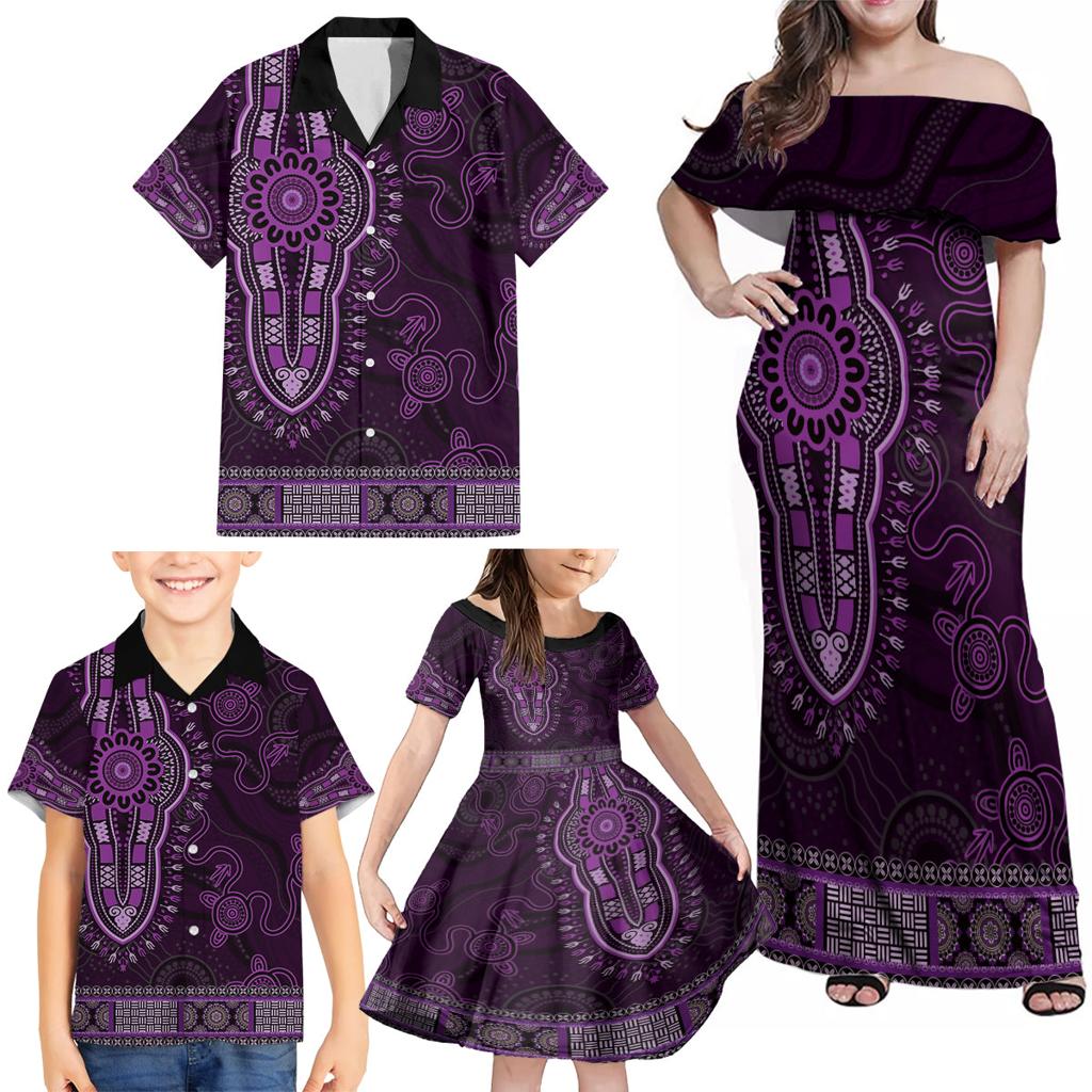 Purple African Dashiki With Australia Aboriginal Art Family Matching Off Shoulder Maxi Dress and Hawaiian Shirt