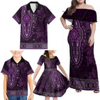 Purple African Dashiki With Australia Aboriginal Art Family Matching Off Shoulder Maxi Dress and Hawaiian Shirt