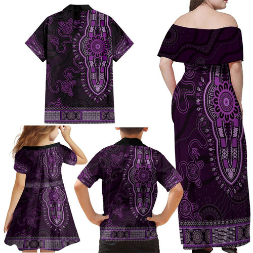 Purple African Dashiki With Australia Aboriginal Art Family Matching Off Shoulder Maxi Dress and Hawaiian Shirt